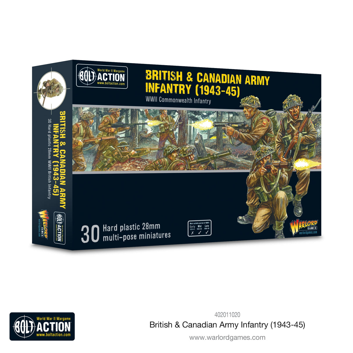 Warlord Games Britų ir Kanados armijos pėstininkų (1943–1945 m.) miniatiūros