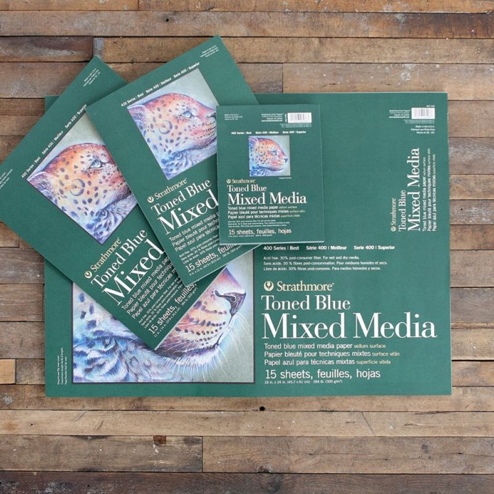 Strathmore Mixed Media 400 Series mėlynai tonuoto popieriaus bloknotas, 300 gsm, 15 lapų