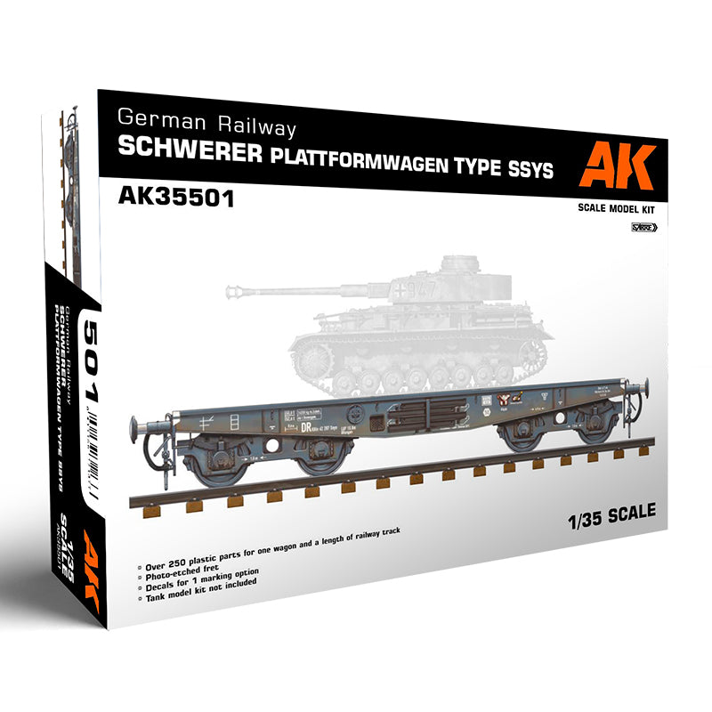 AK Interactive German Railway Schwerer Plattformwagen Type SSys platforminio vagono surenkamas modelis, 1:35