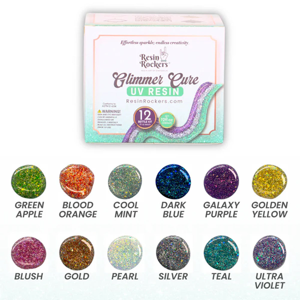 Resin Rockers Glimmer Cure UV derva su blizgučiais, kieta, pilnas rinkinys