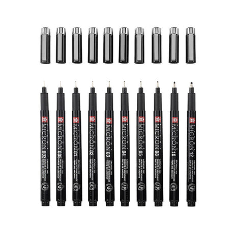 Sakura Pigma Micron juodų tušinukų rinkinys, 10 tušinukų + dėklas