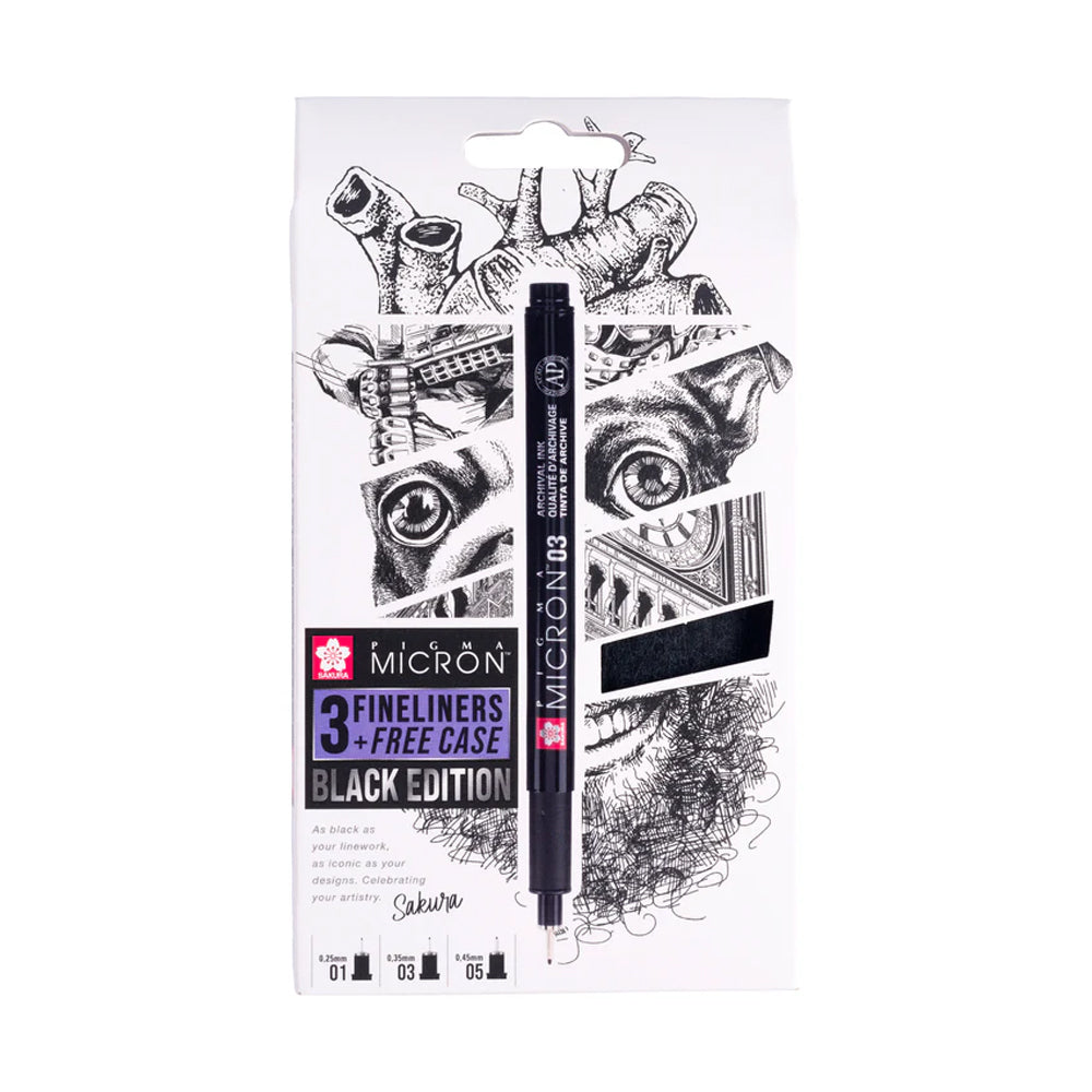 Sakura Pigma Micron juodų tušinukų rinkinys, 3 tušinukai + dėklas