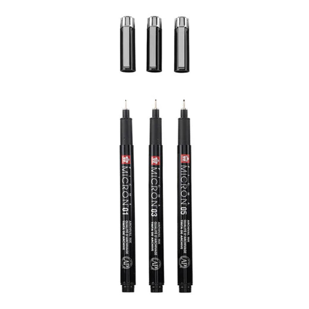 Sakura Pigma Micron juodų tušinukų rinkinys, 3 tušinukai + dėklas
