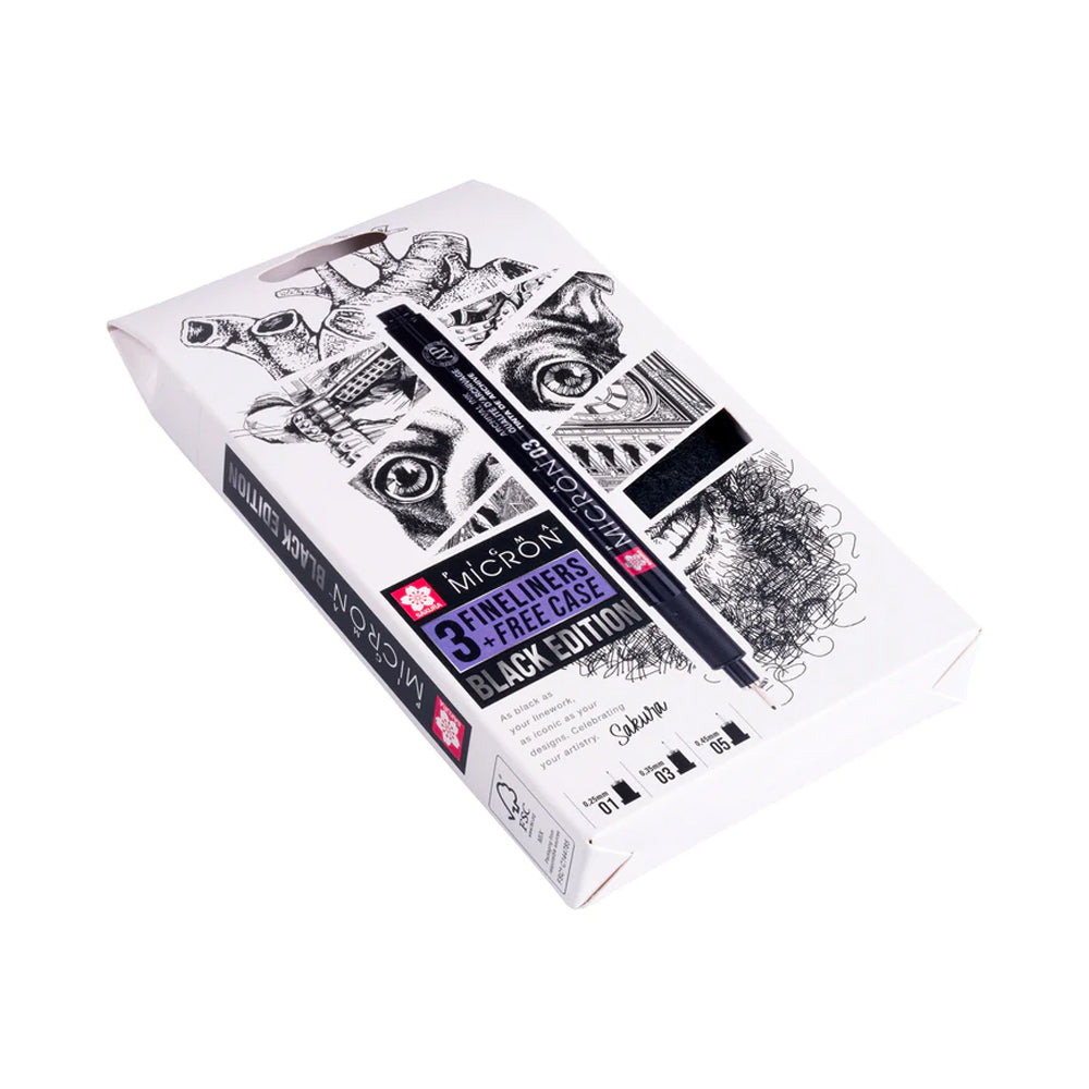 Sakura Pigma Micron juodų tušinukų rinkinys, 3 tušinukai + dėklas