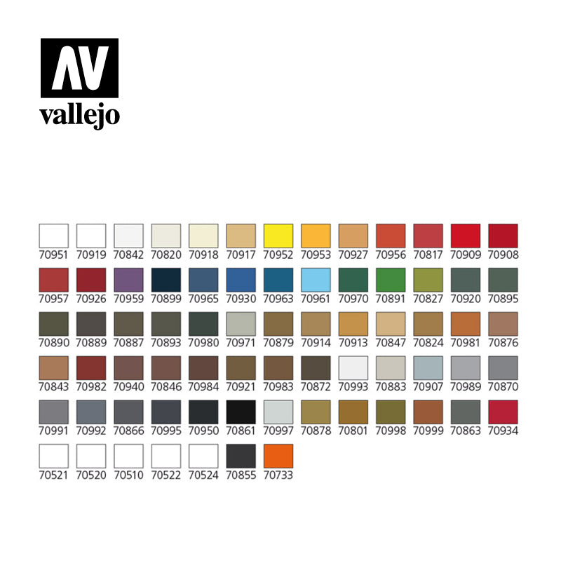 Vallejo Basic Model Color 72 spalvų rinkinys su teptukais plastikinėje dėžutėje, 72x17 ml