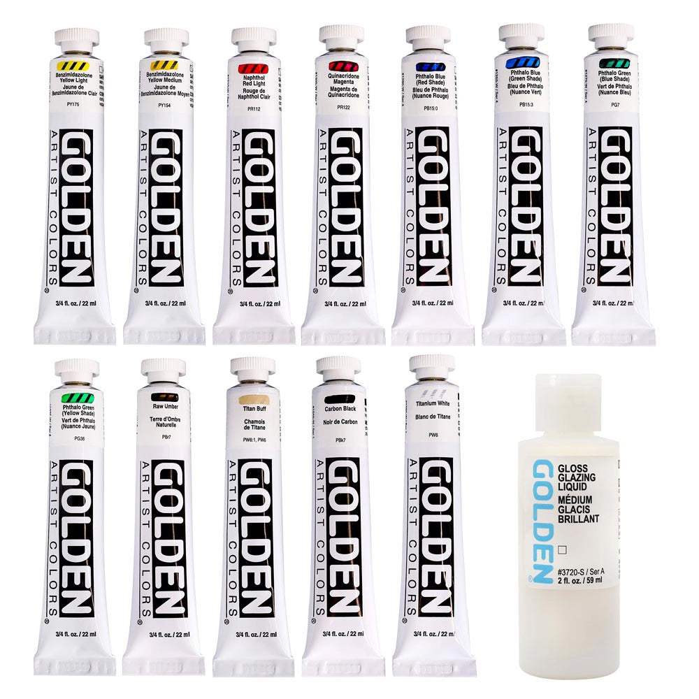Golden Heavy Body Mixing akrilinių dažų rinkinys, 12x22 ml + glazūravimo mediumas