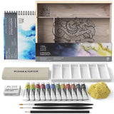 Winsor & Newton kelioninis Professional akvarelės rinkinys su priedais medinėje dėžutėje