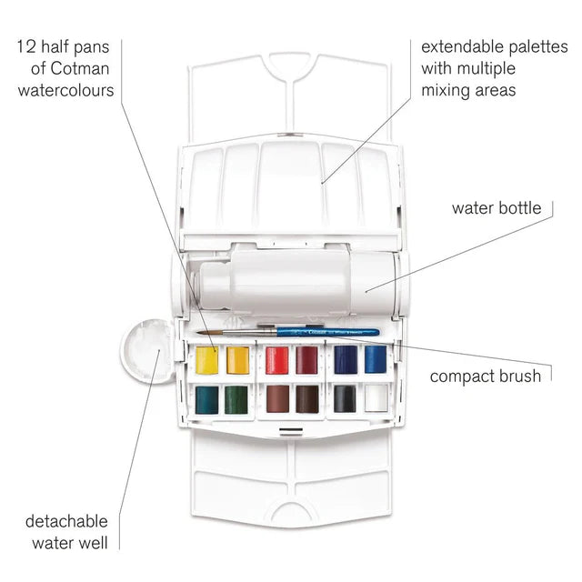 Winsor & Newton Cotman kelioninis akvarelės rinkinys Field Plus, 12 spalvų, Half-Pan
