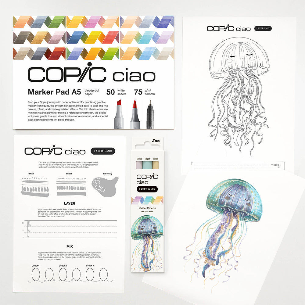 Copic Ciao Layer & Mix Pastel markerių ir popieriaus rinkinys pradedantiesiems