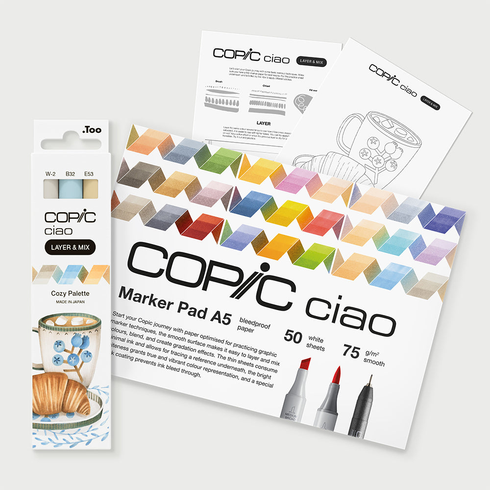 Copic Ciao Layer & Mix Cozy markerių ir popieriaus rinkinys pradedantiesiems