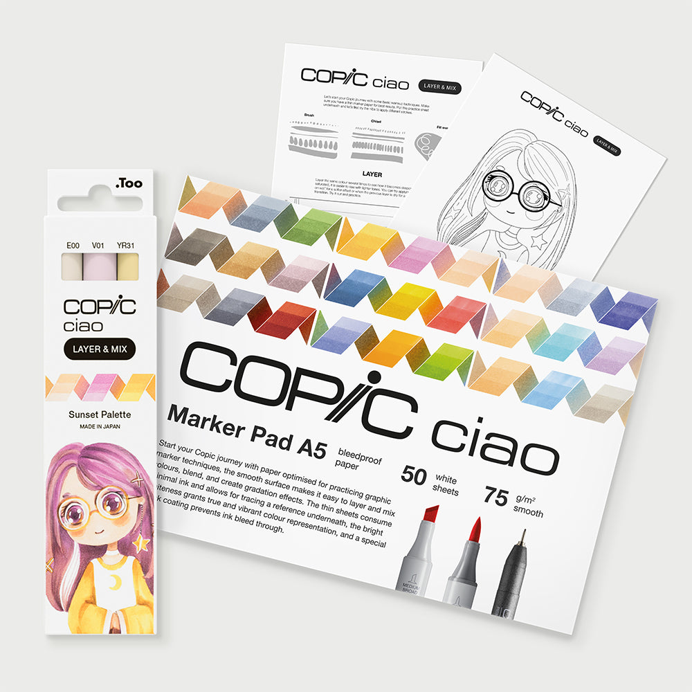 Copic Ciao Layer & Mix Sunset markerių ir popieriaus rinkinys pradedantiesiems