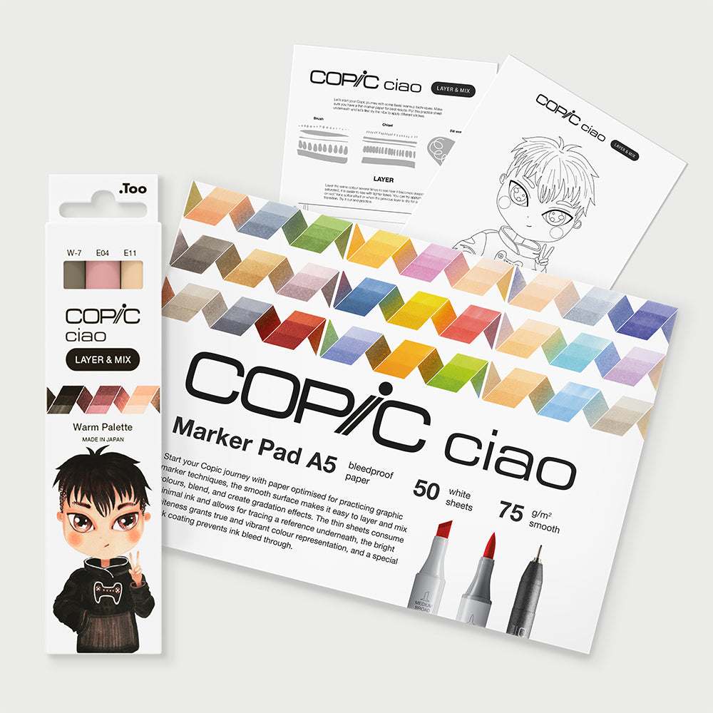 Copic Ciao Layer & Mix Warm markerių ir popieriaus rinkinys pradedantiesiems