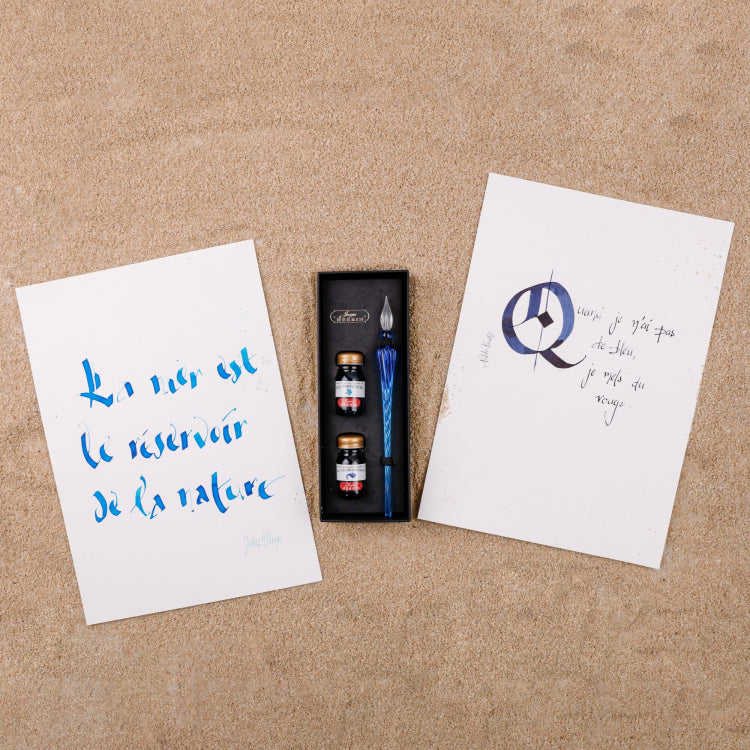 Jacques Herbin mėlyno stiklinio plunksnakočio-rašiklio ir rašalo rinkinys