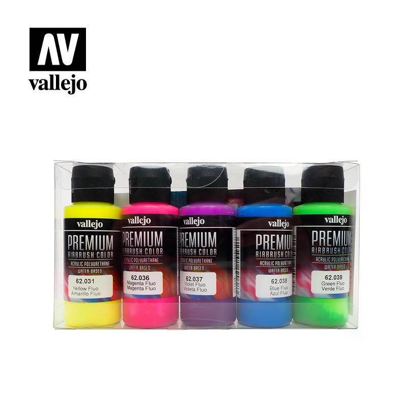 Vallejo Premium Airbrush Color Fluorescent Colors dažų rinkinys, 5x60 ml