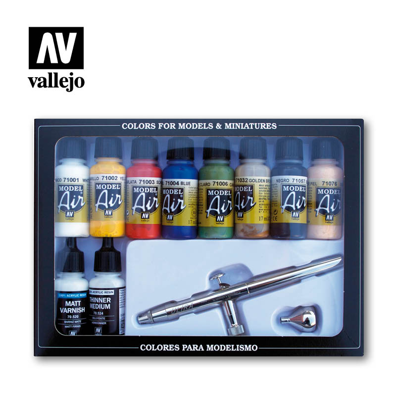 Vallejo Basic Colors Model Air dažų rinkinys, 10x17 ml + Harder & Steenbeck Ultra aerografas