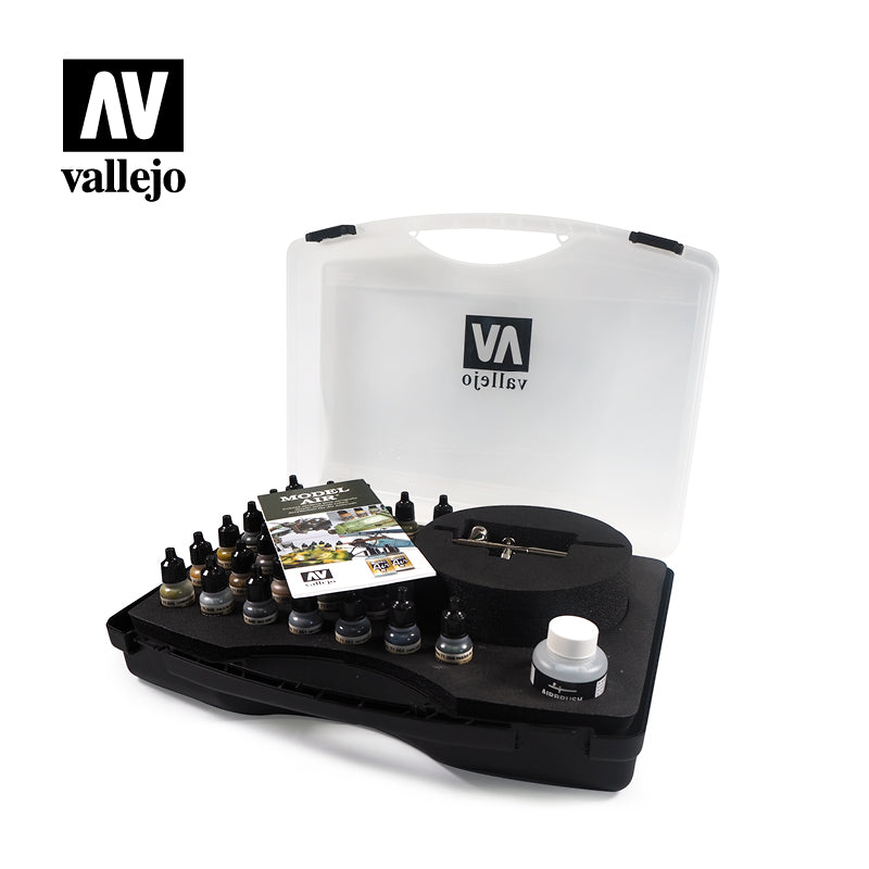 Vallejo Basic Colors Model Air dažų rinkinys plastikiniame dėkle, 29x17 ml + Harder & Steenbeck Ultra aerografas