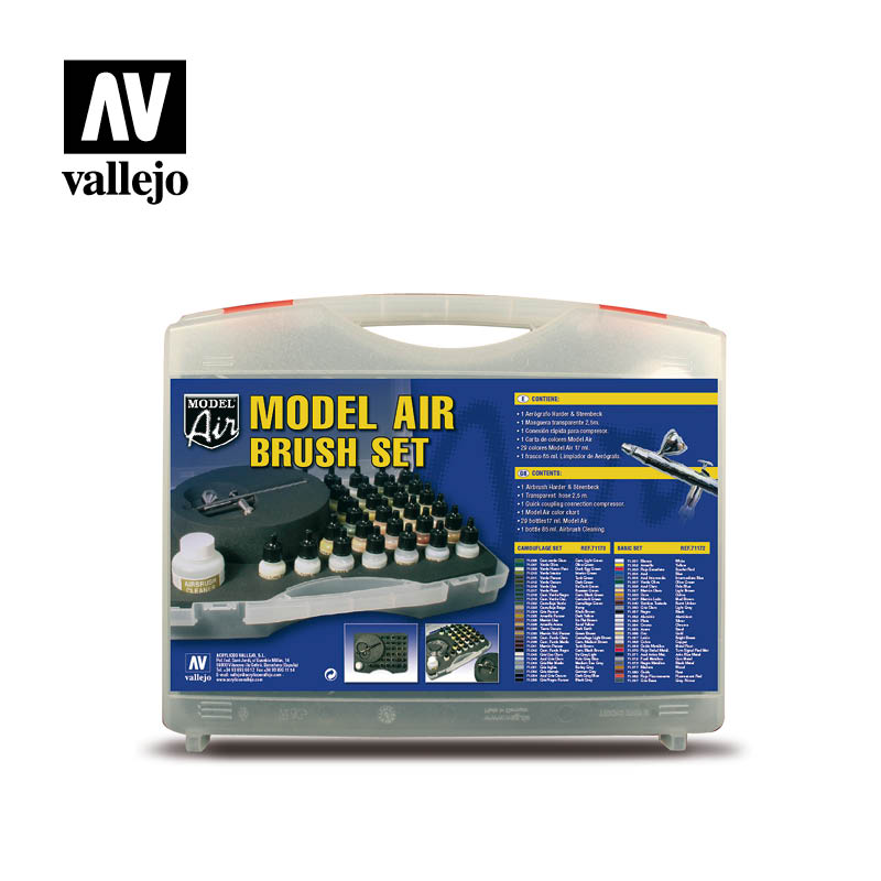 Vallejo Basic Colors Model Air Camouflage dažų rinkinys plastikiniame dėkle, 29x17 ml + Harder & Steenbeck Ultra aerografas