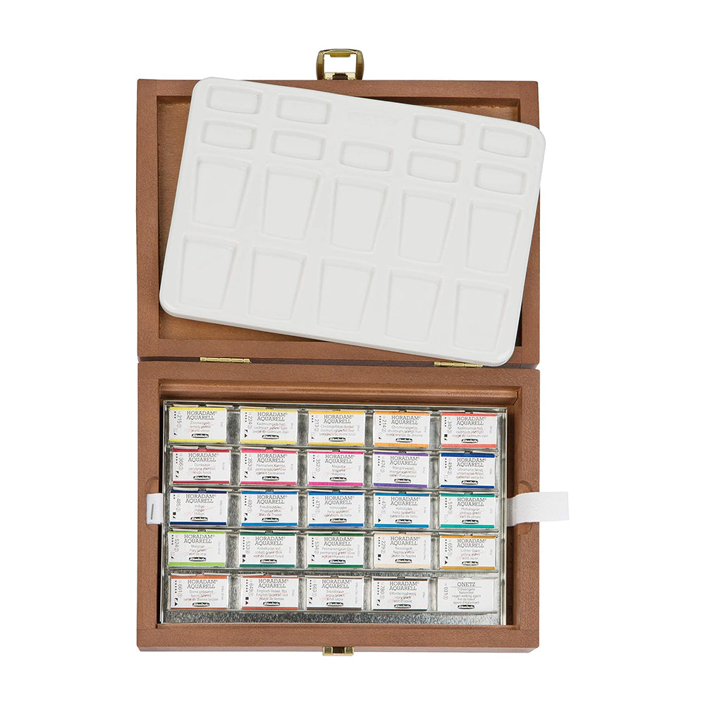 Schmincke Horadam Watercolor Set in a Wooden Box, 24 Colours, Full-Pan + Porcelain Palette + Wetting Agent