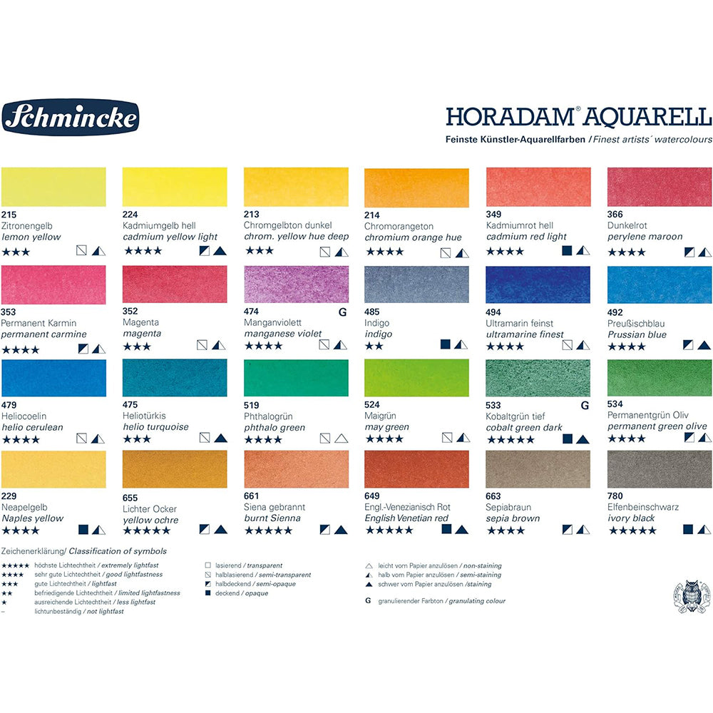 Schmincke Horadam Watercolor Set in a Wooden Box, 24 Colours, Full-Pan + Porcelain Palette + Wetting Agent