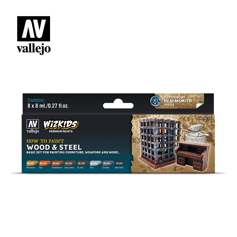 Vallejo Wizkids Wood & Steel akrilinių dažų rinkinys, 8x8 ml