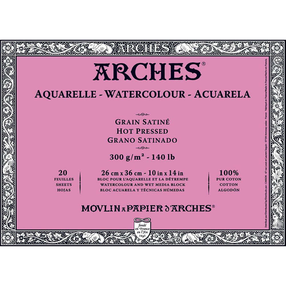 Arches akvarelinio popieriaus blokas, Hot Pressed, 300 gsm, 100 % medvilnė, 20 lapų