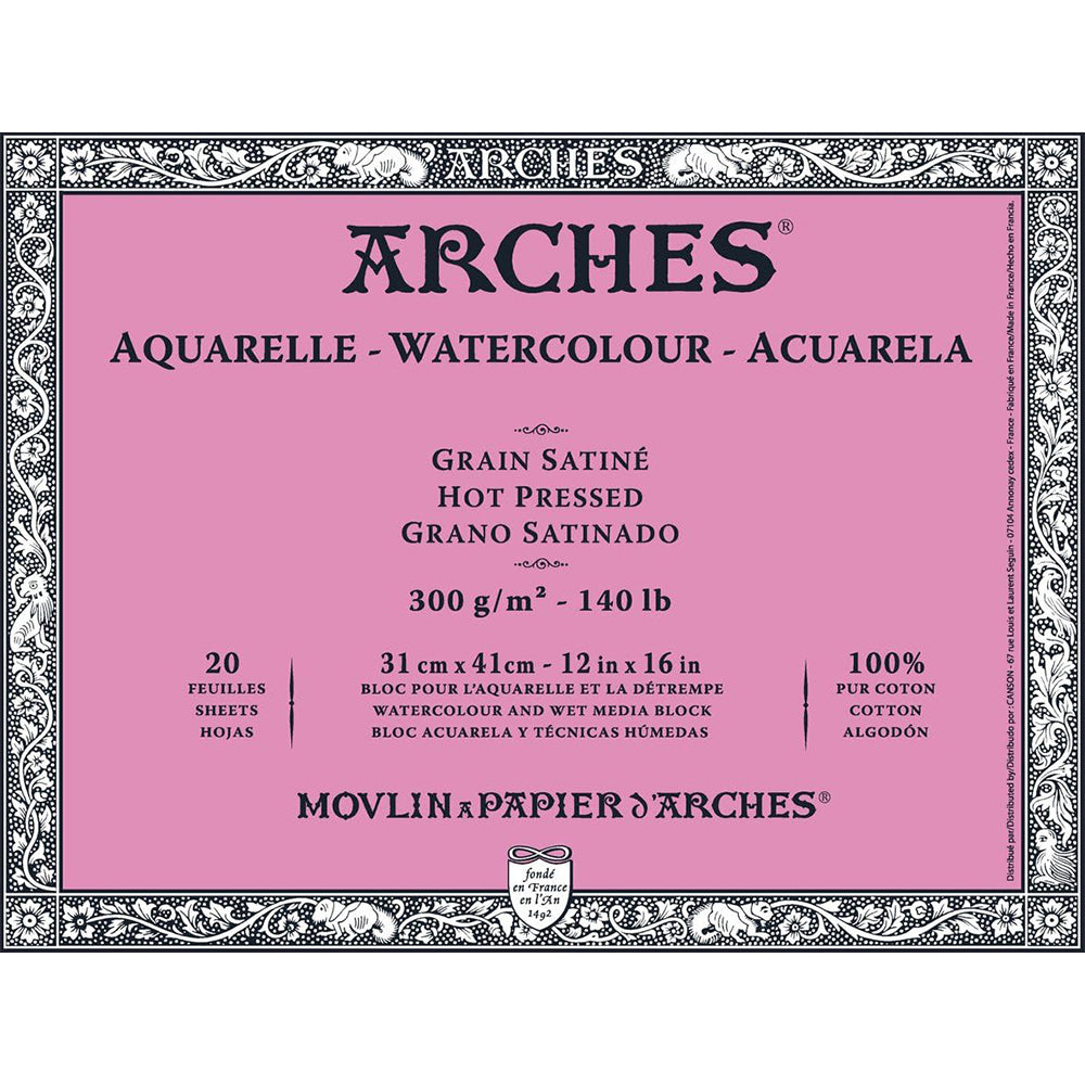 Arches akvarelinio popieriaus blokas, Hot Pressed, 300 gsm, 100 % medvilnė, 20 lapų