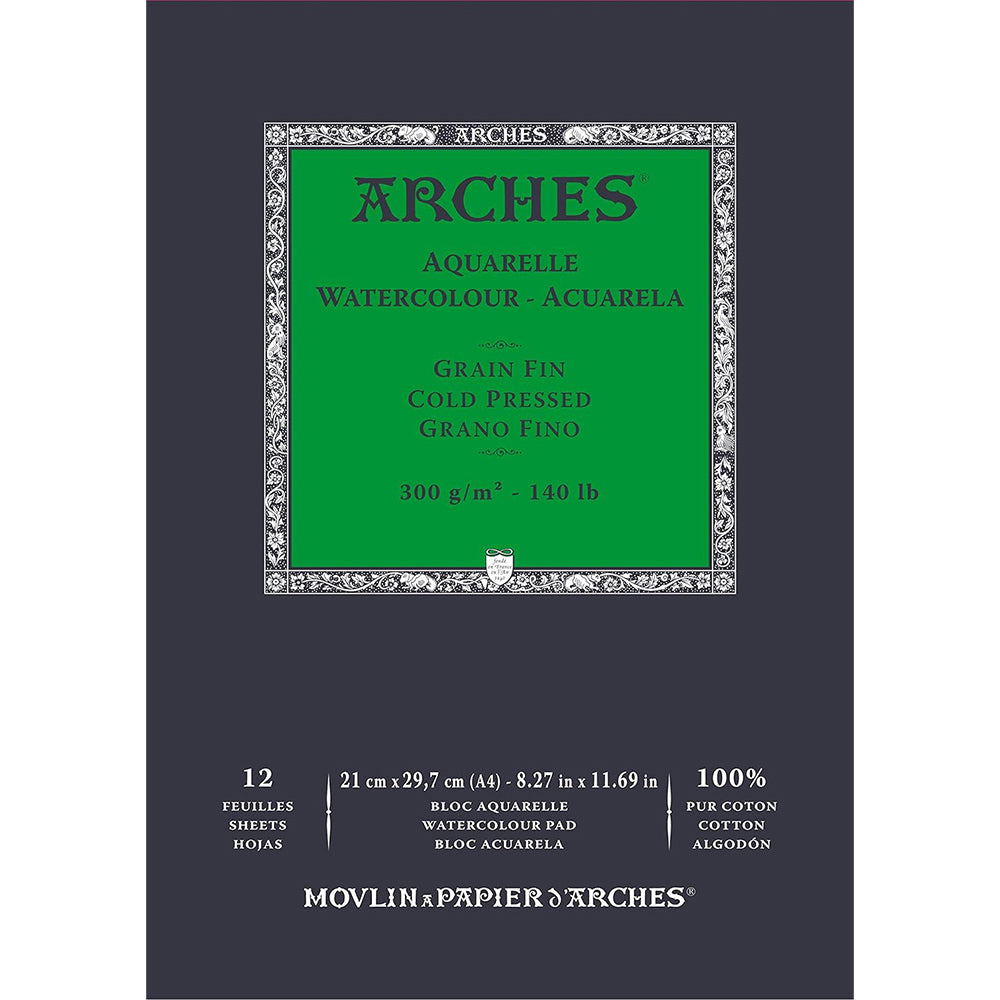 Arches akvarelinio popieriaus bloknotas, Cold Pressed, 100 % medvilnė, 12 lapų