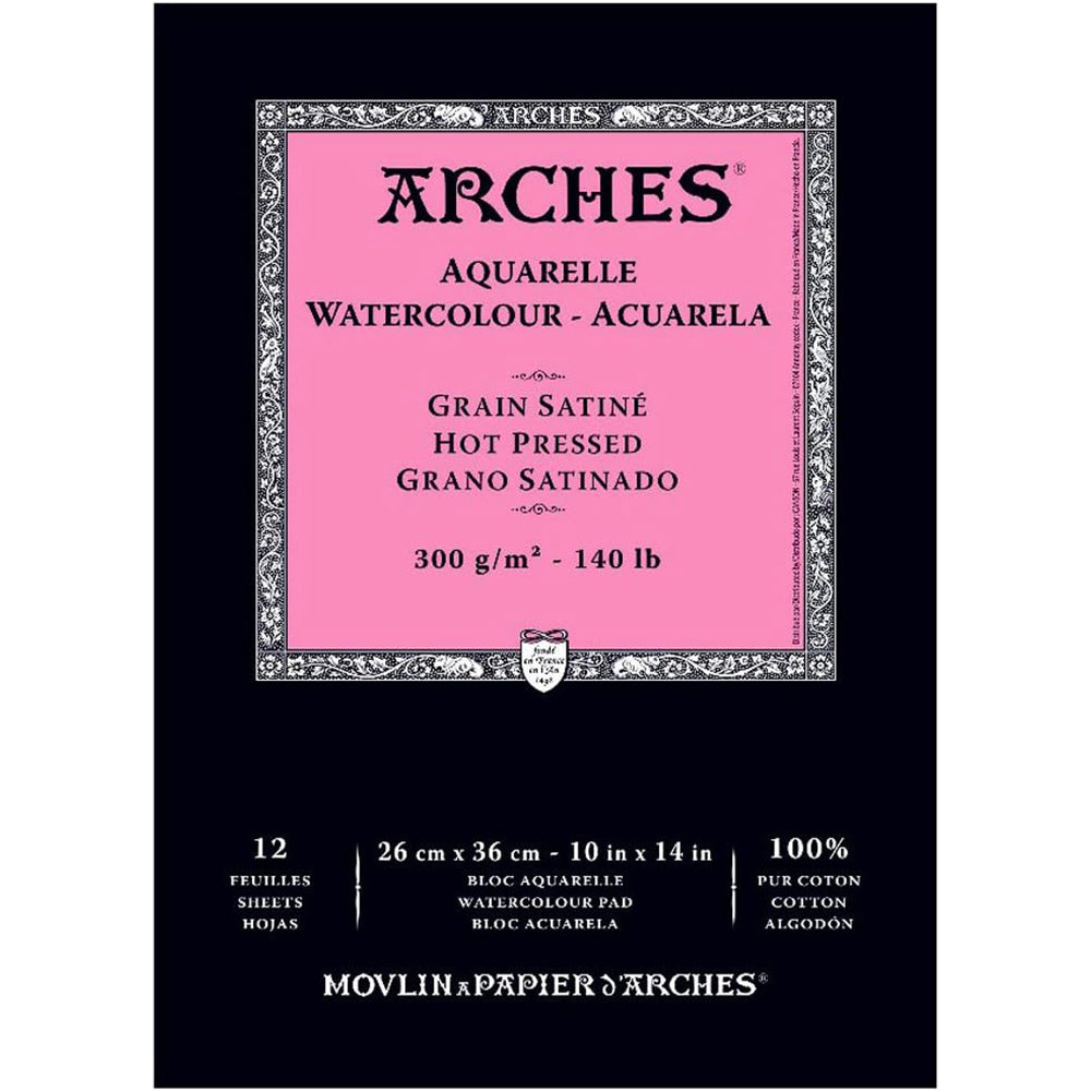 Arches Hot Pressed Watercolour Paper Pad, 100 % Cotton, 12 Sheets