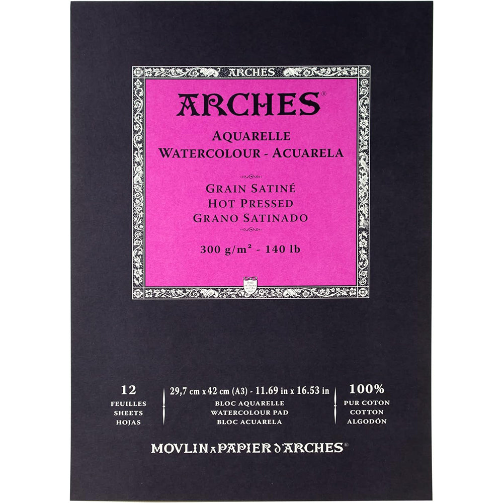 Arches akvarelinio popieriaus bloknotas, Hot Pressed, 100 % medvilnė, 12 lapų