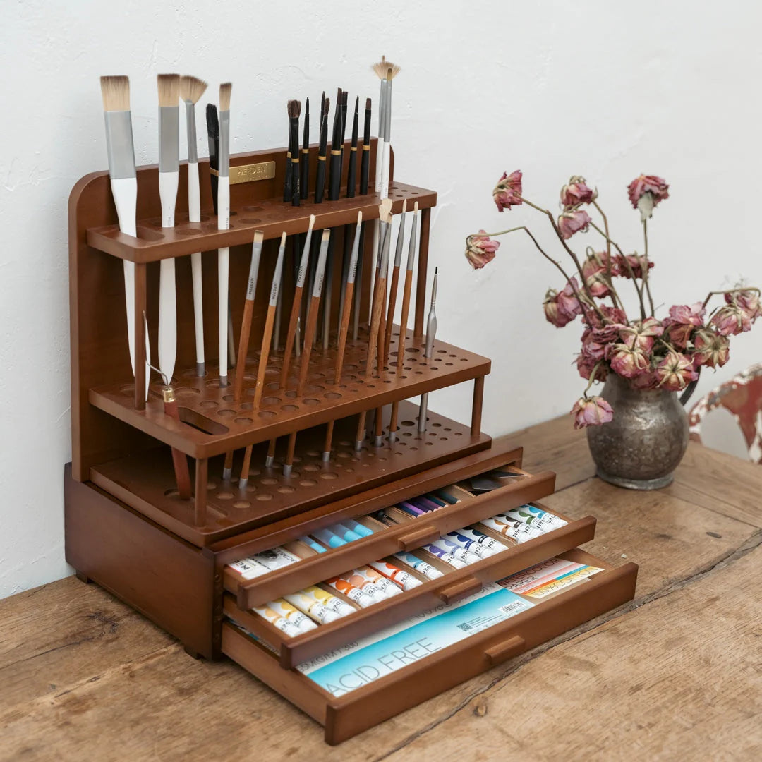 MEEDEN Pro 2-Tier Wooden Paint Brush Holder Organizer
