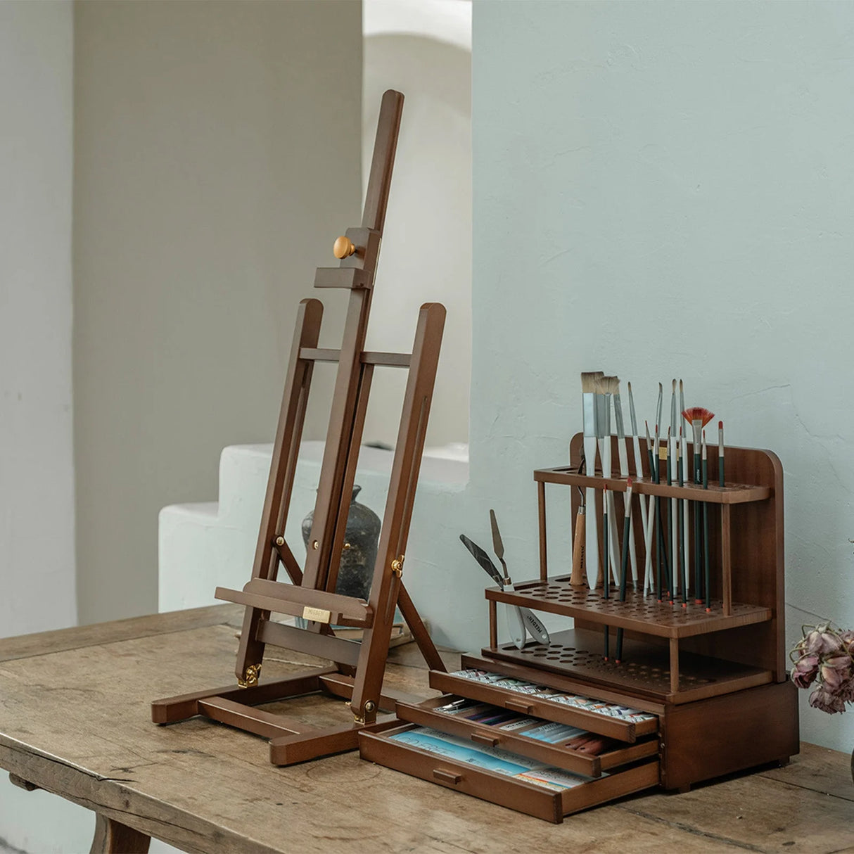 MEEDEN Pro 2-Tier Wooden Paint Brush Holder Organizer