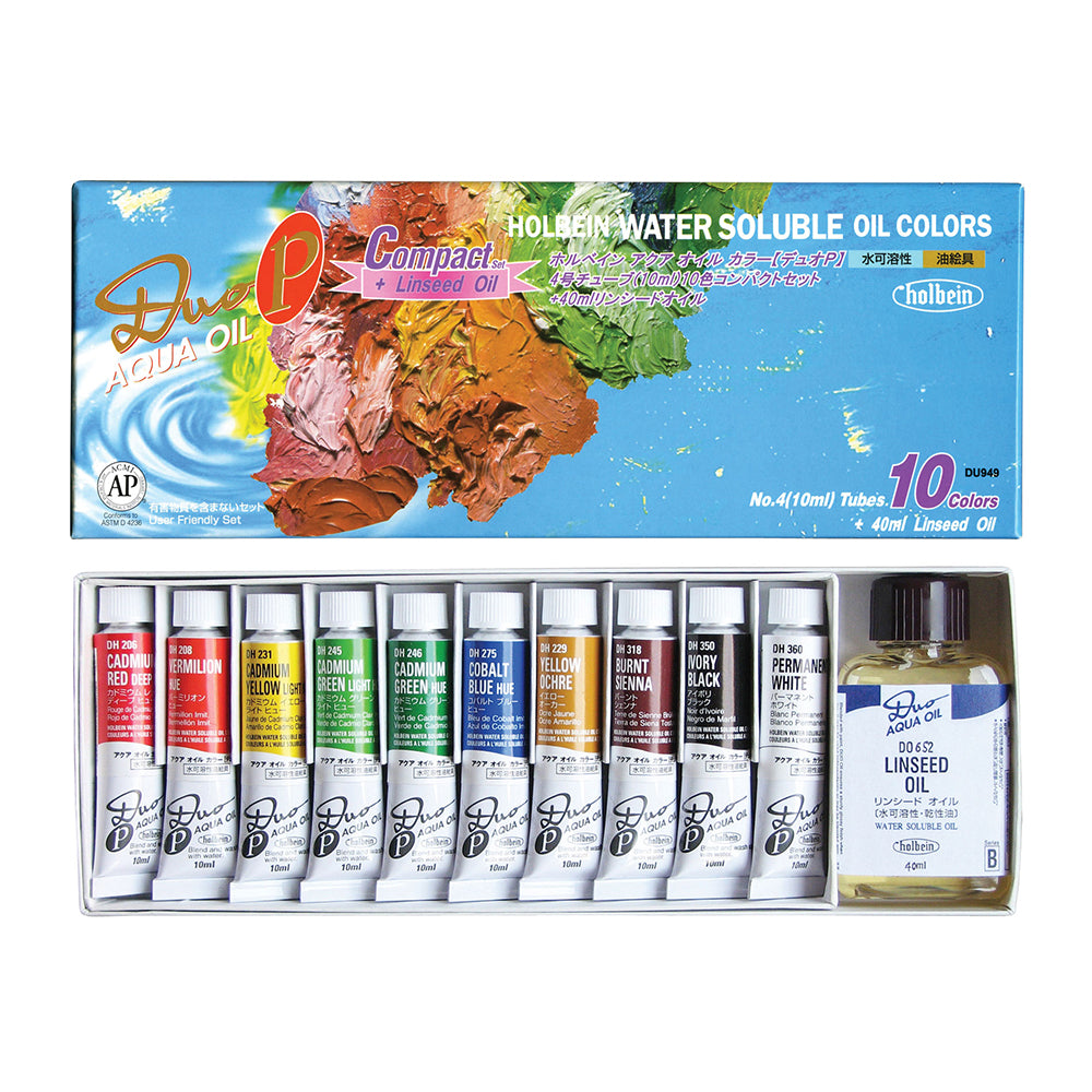 Holbein DUO Aqua Oil vandeniu skiedžiamų aliejinių dažų rinkinys, 10x10 ml + linų sėmenų aliejus