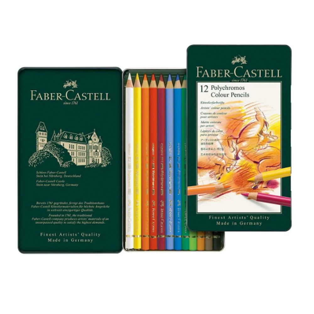 Faber-Castell Polychromos spalvotų pieštukų rinkinys metalinėje dėžutėje, 12 spalvų