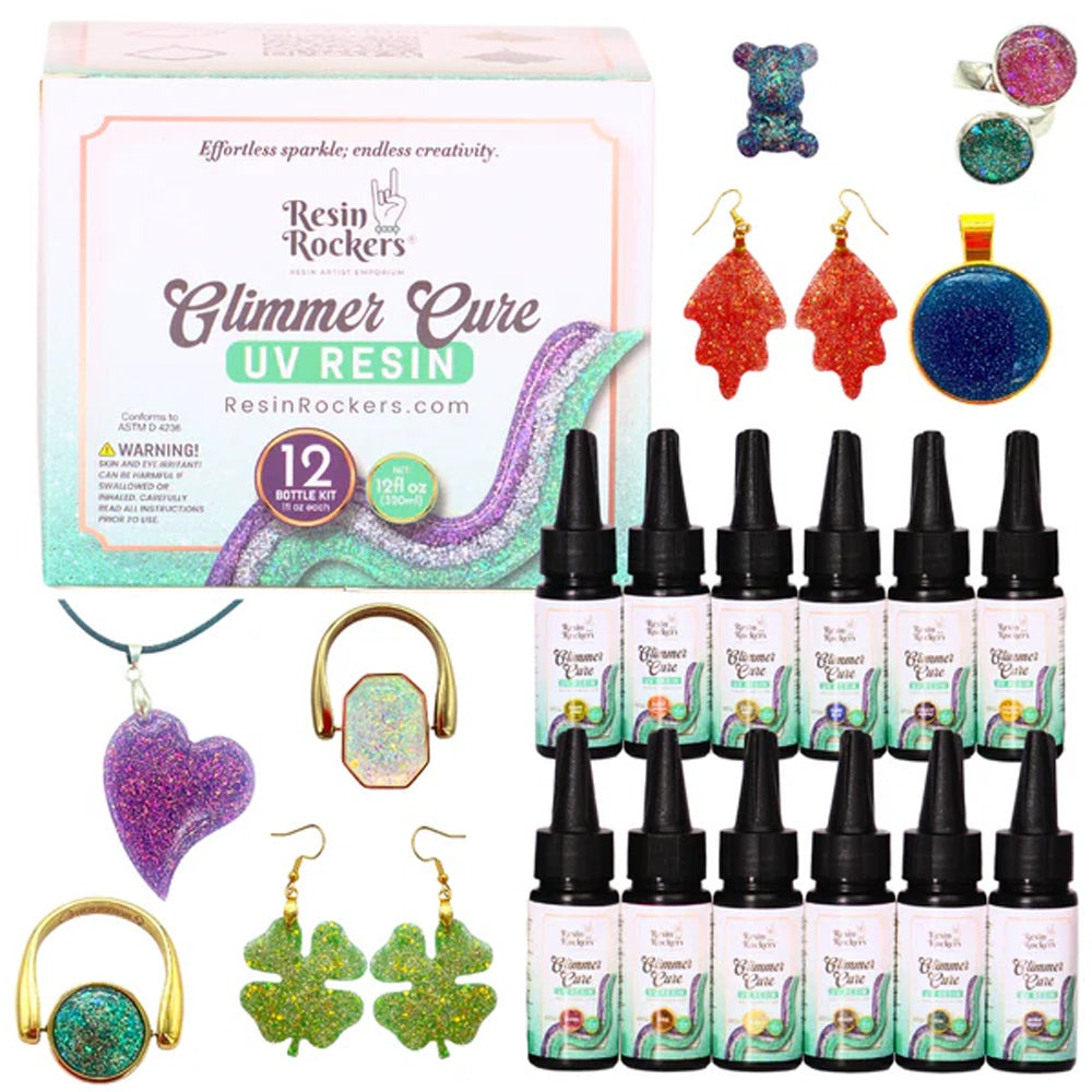 Resin Rockers Glimmer Cure UV derva su blizgučiais, kieta, pilnas rinkinys