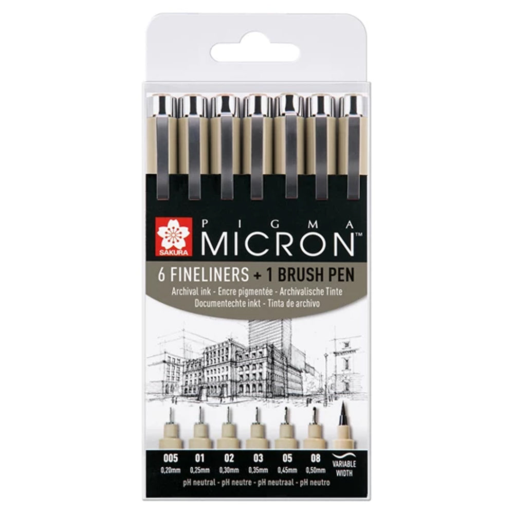 Sakura Pigma Micron Black Fineliner Set, 6 Pens + 1 Pigma Brush Pen