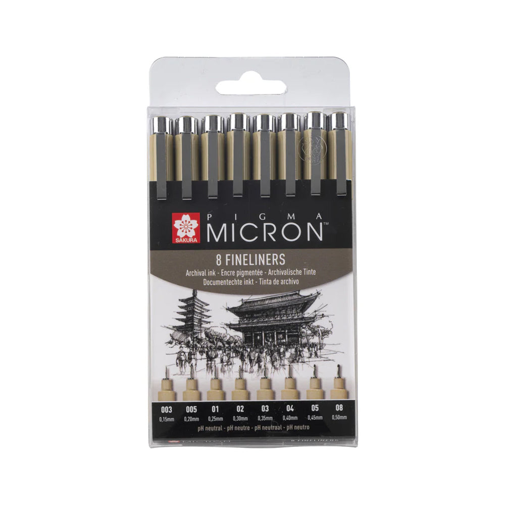 Sakura Pigma Micron Black Fineliner Set, 8 Pens