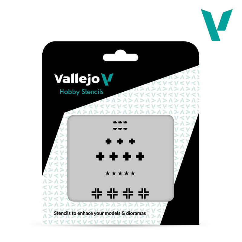 Vallejo Hobby Stencils - įvairūs Vokietijos Antrojo pasaulinio karo tankų žymių trafaretai