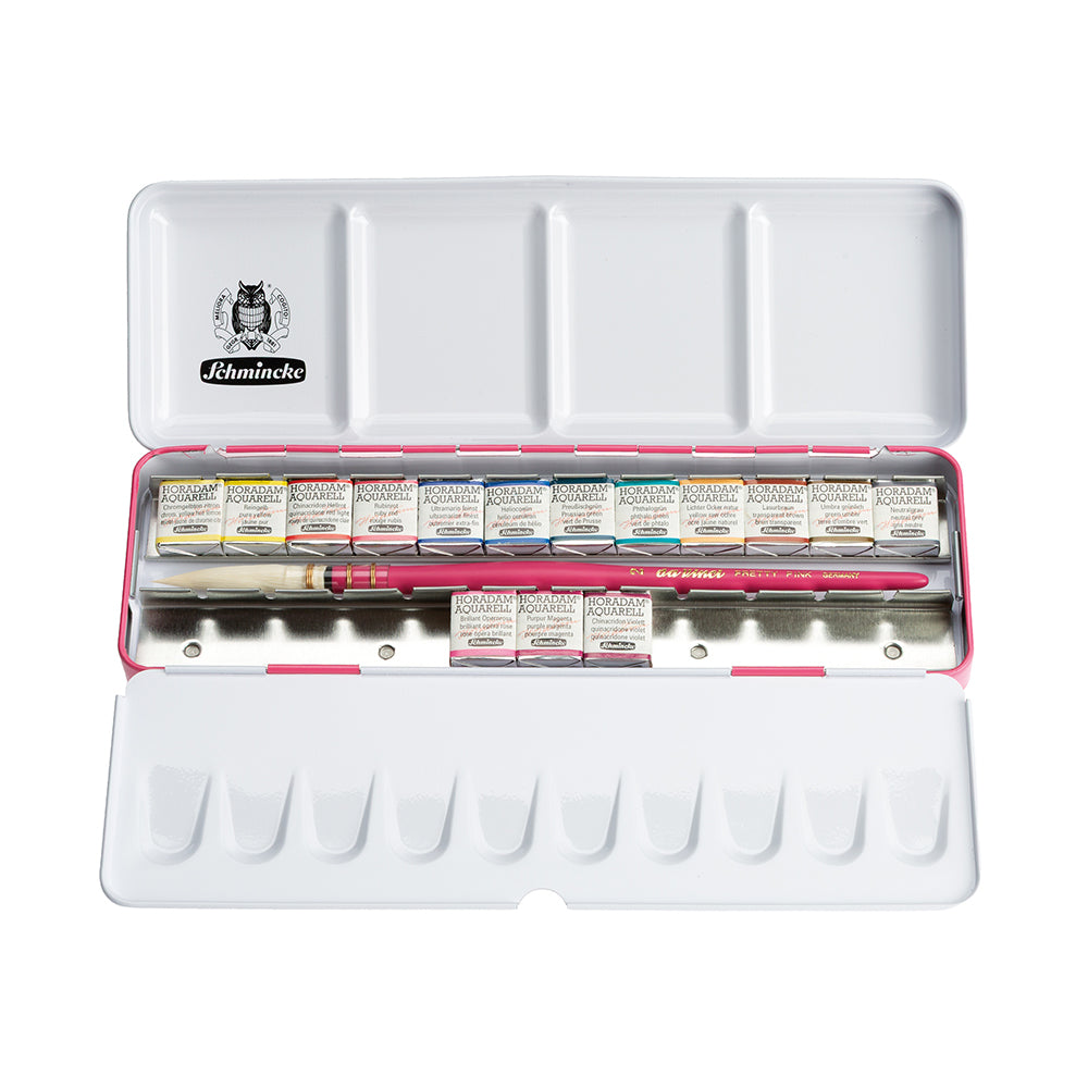Schmincke Horadam Pretty Pink akvarelės rinkinys metalinėje dėžutėje, 15 spalvų, Half-Pan + teptukas