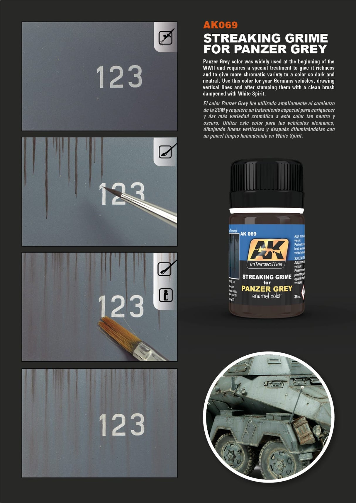 AK Interactive Streaking Grime for Panzer Grey efekto dažai, 35 ml